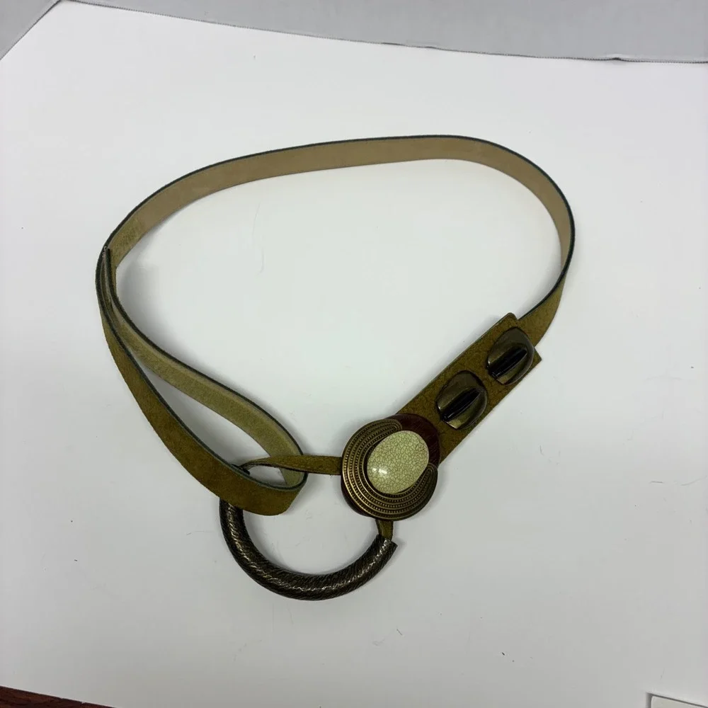 Vintage 90s Moss Green Leather Waist Belt Sculptural Faux Stone Ring Closure